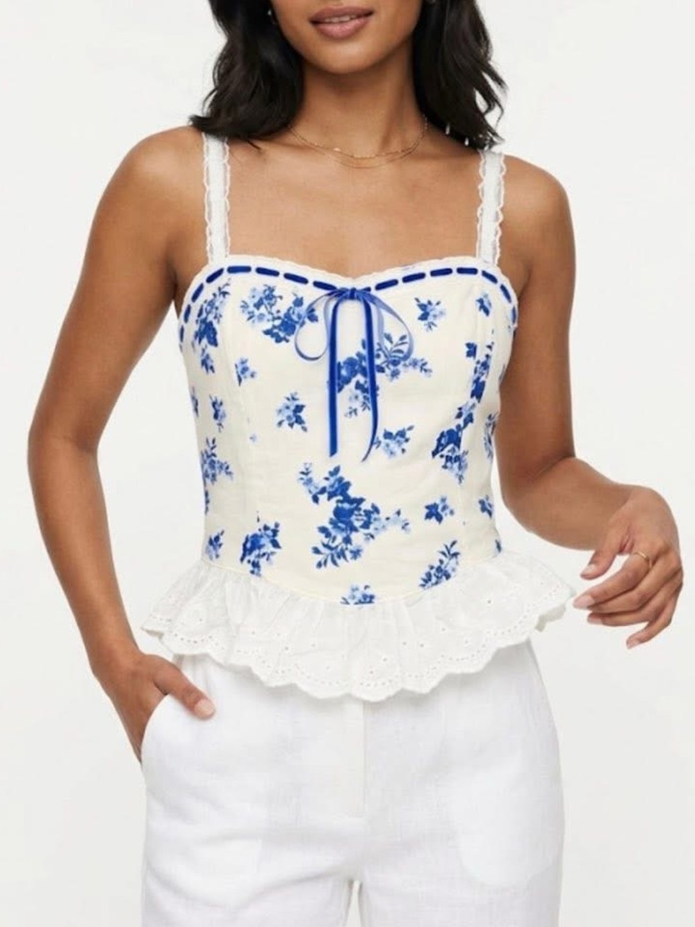 Thirty Thirty LA White & Blue Floral Lace-Trim Cami Top